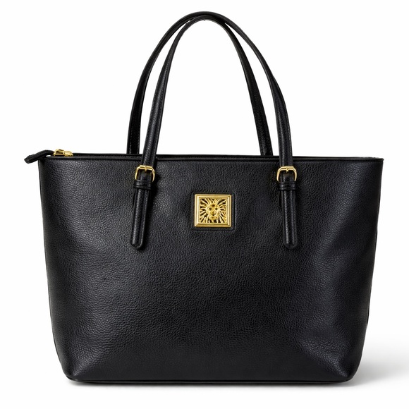Anne Klein Handbags - Anne Klein Black Pebbled Leather Tote Gold Lion Medallion